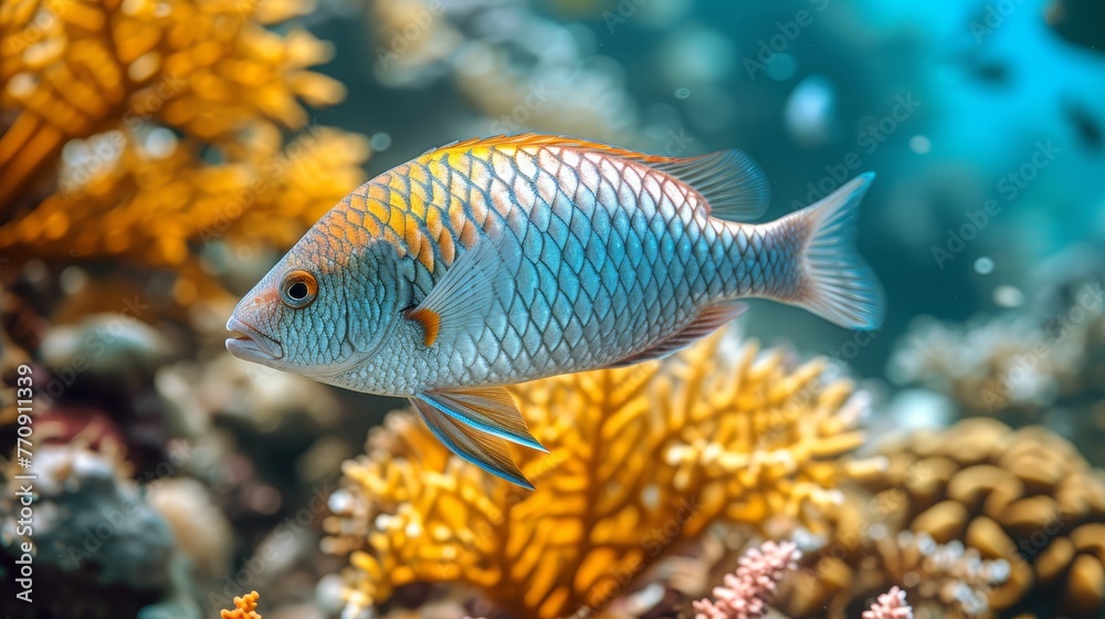 A tight shot of a fish against a backdrop of corals Corals populate the foreground as well A tight shot of a fish against a backdrop of corals Corals populate the foreground as well