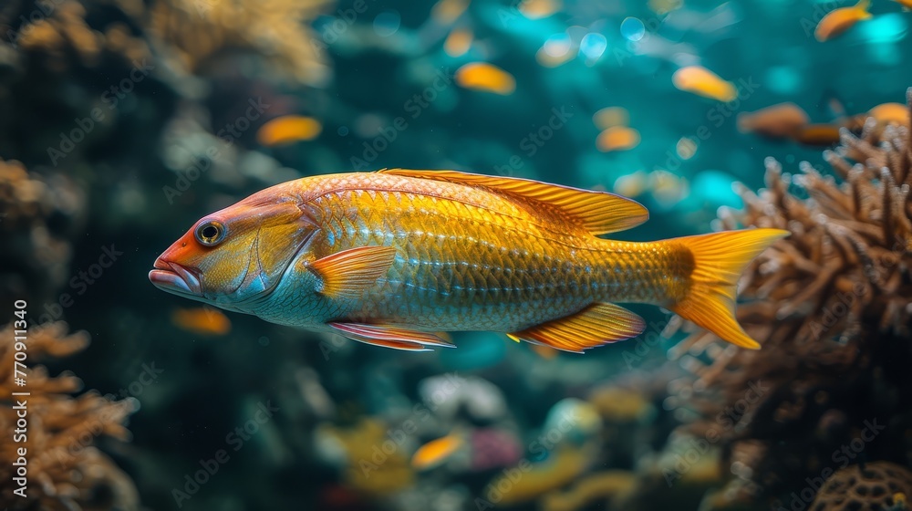   A tight shot of a fish swimming in an aquarium, surrounded by various other fish in the water, and viewers observing from behind