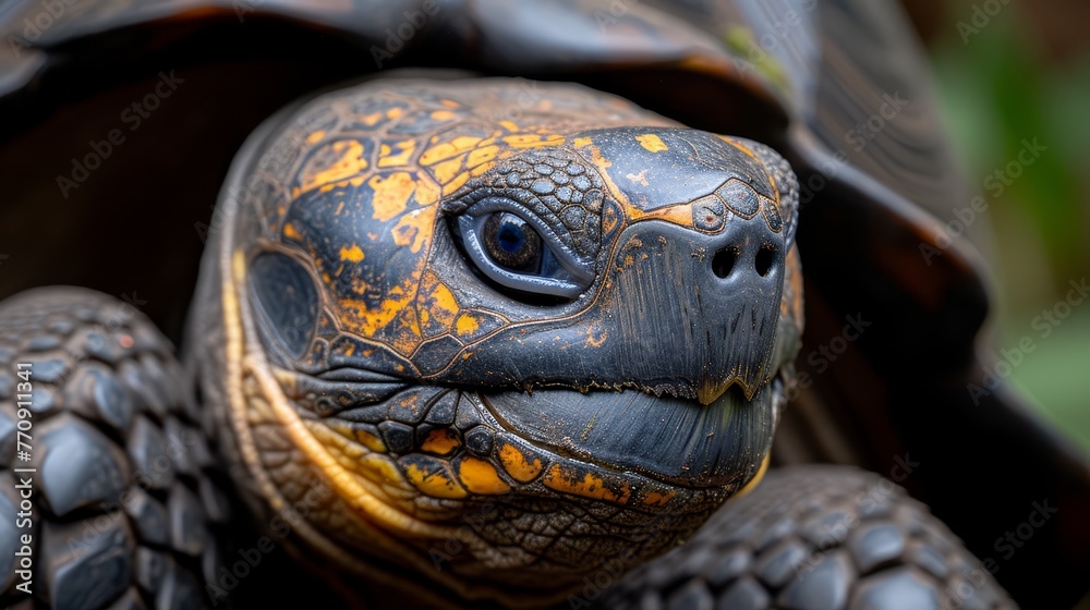 A tight shot of a tortoise's head reveals a yellow mark at its hindquarter A tight shot of a tortoise's head reveals a yellow mark at its hindquarter
