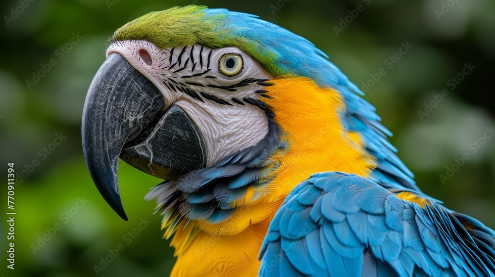 A tight shot of a blue-and-yellow parrot with green foliage framing its head A tight shot of a blue-and-yellow parrot with green foliage framing its head