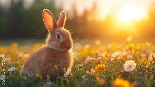   A rabbit sits among daisies in a sunlit field © Wall