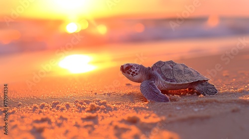  A small turtle atop a sandy beach, near the ocean, as the sun sets in the background