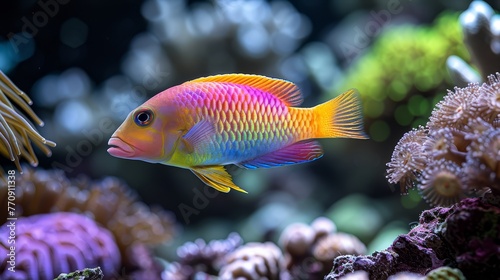  A vibrant fish swims before a black backdrop in an aquarium teeming with corals and sea anemones