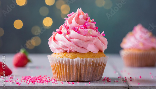 Cupcake with pink frosting and pink sprinkles on top. Sweet and tasty dessert on table.
