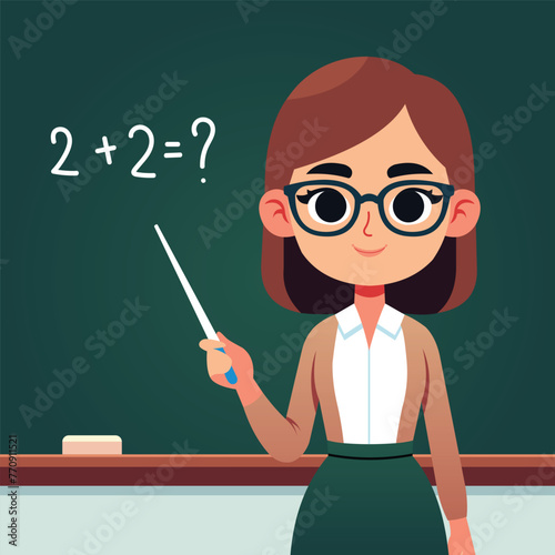 cartoon character of young teacher teaching math on school blackboard