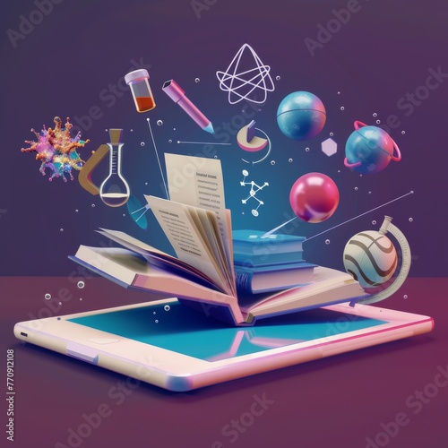Open Digital Book with Science and Tech Icons photo