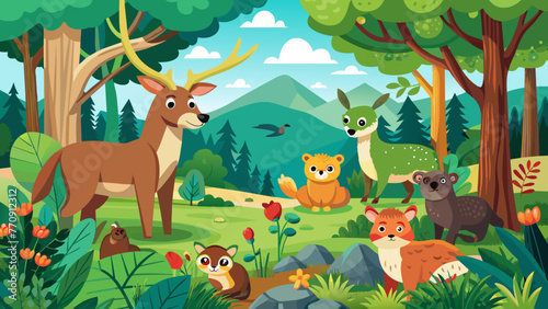 Fototapeta Naklejka Na Ścianę i Meble -  forest scene with various animals 1 illustration