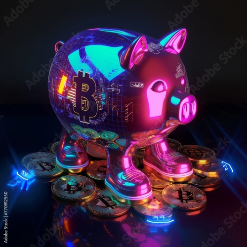 Glowing Piggy Bank with Bitcoin Symbol on Coins photo