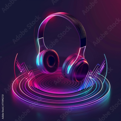 3D Neon Headphones with Dynamic Sound Waves