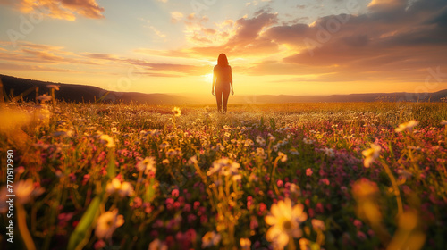 A man walking through a field of blooming wildflowers, the sun setting on the horizon, the warm light of the golden hour, freedom and connection with nature