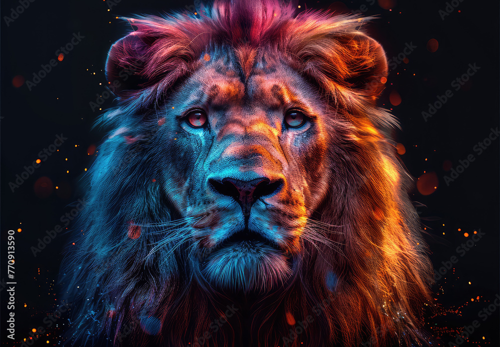 Create an aweinspiring lion with glowing neon colors on black background. Created with Ai