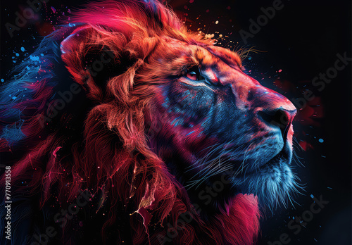 Lion in the style of hyperrealistic animal illustrations  colorful neon lights  black background. Created with Ai