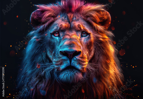 Create an aweinspiring lion with glowing neon colors on black background. Created with Ai