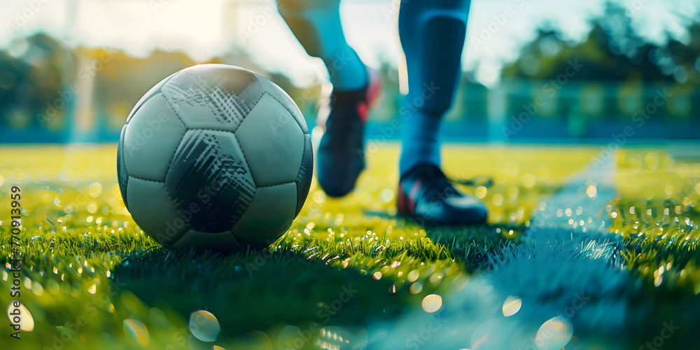 soccer player running for the foot ball at soccer field, closeup on ball, sport background, banner, template, copy space area, world cup
