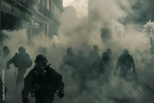 Special forces in gas masks moving through smoke in urban environment