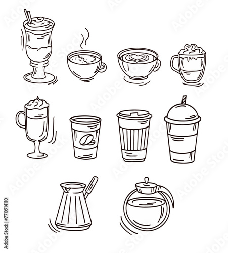 Hand drawn sketched illustration of coffee types and equipment for menu design. Black and white vector illustration isolated on white background.