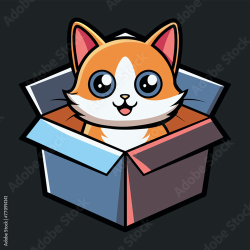 Cute cat in a box. Colorful kitten in gift box. Cat sticker on black background. Surprise in cardboard box. Cartoon sticker pet emoji. Cartoon logo icon badge, design Vector illustration.
