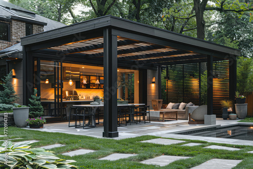 A modern, black steel and glass pergola with an open air kitchen inside is located in the backyard of a large mansion home. The gazebo has a dining table surrounded by comfortable outdoor seating.  photo