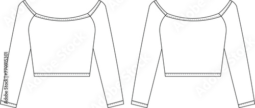 boat neck long sleeve cropped crop blouse top template technical drawing flat sketch cad mockup fashion woman design style model

