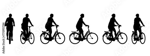 Vector concept conceptual black silhouette of a woman riding a bicycle from different perspectives isolated on white background. A metaphor for active, health, transport, leisure and lifestyle