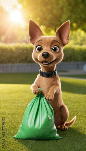 A small cute cartoon toy terrier puppy holds a bag in his paws against the backdrop of a city park. The dog cleans up its poop. Pet toilet in a public place