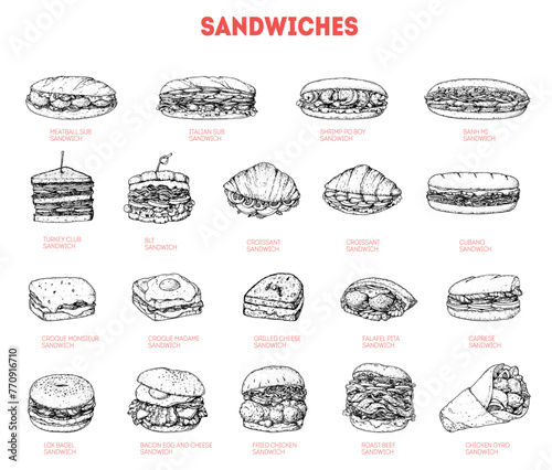 Collection of various hand-drawn sandwiches. Sketch graphic elements for menu design, Vintage vector illustration. Sandwiches set. © DiViArts