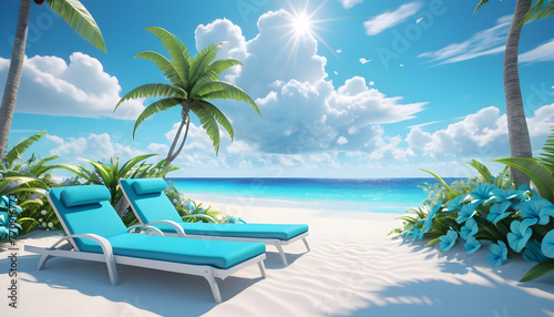 Beach white beautiful tropical sand two sun loungers on background 7