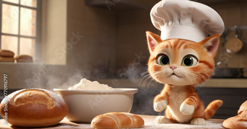 A red cartoon cat in a cap bakes bread in a bakery. cat thief photo