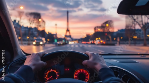 Sunrise hues over Paris, view from a car's dashboard, driver's hands on the wheel, Eiffel Tower afar photo