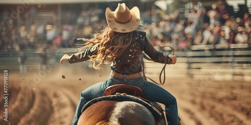 Cowgirl doll in rodeo outfit with lasso riding horse in arena with cheering fans. Concept western theme, cowgirl doll, rodeo outfit, lasso, horse, arena, cheering fans photo