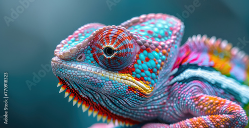 A colorful chameleon with vibrant scales in closeup shot against an abstract background of ocean waves. Created with Ai © Image Innovate