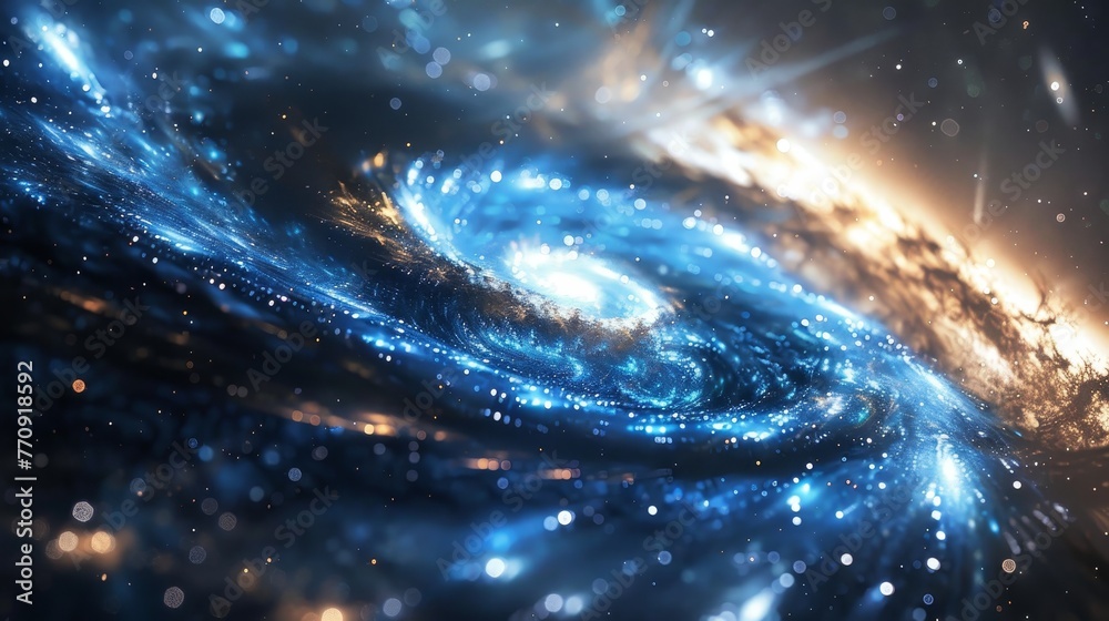 A spiral galaxy with a blue center and orange and white swirls. The galaxy is filled with stars and is surrounded by a blue and orange sky