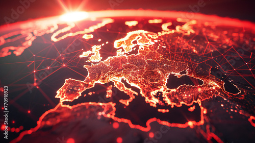 Global communication network concept, The planet earth at night with node connection, Business expansion worldwide background with red background photo