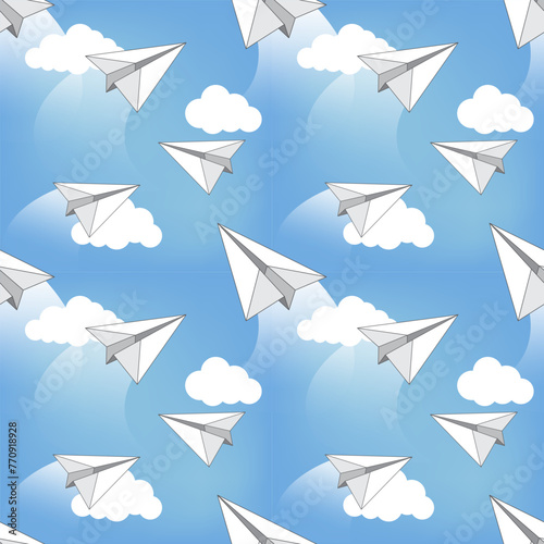 Paper airplanes against a blue sky with white clouds. Seamless pattern, background, print, vector illustration