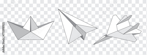 Paper boat and plane. Set of isolated vector illustrations on transparent background photo