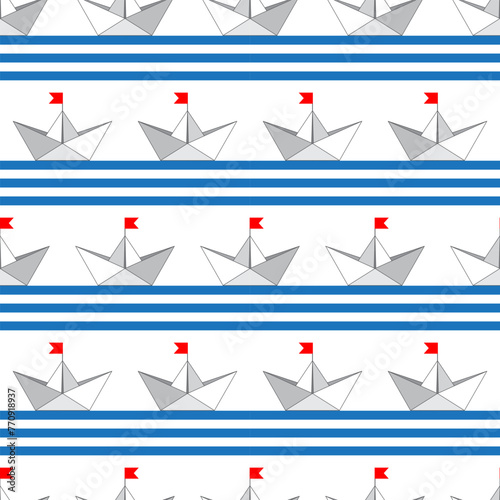 A paper boat with a red flag against a striped blue-white background. Marine seamless pattern, print, vector illustration