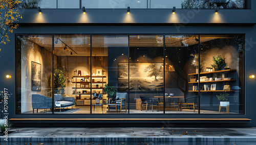 Modern glass house, interior design store front view, shelves and furniture inside, outside of the building is a grey color with black metal frames. Created with Ai photo