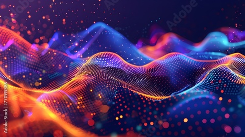 Technology digital wave background concept.Beautiful motion waving dots texture with glowing defocused particles. Cyber or technology background ai generated  © Hamid