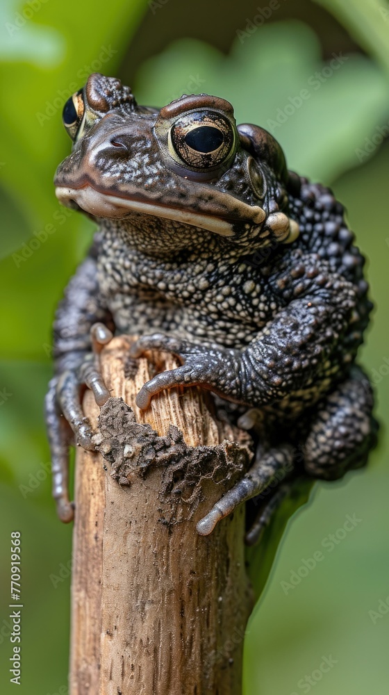 A frog sitting on top of a wooden stick in the forest. Generative AI. A frog sitting on top of a wooden stick in the forest. Generative AI.