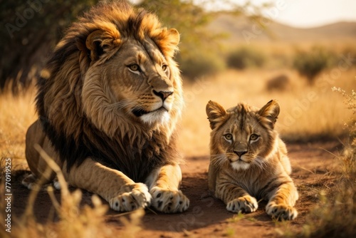 A lion and cub sitting in the dirt next to each other. Generative AI.