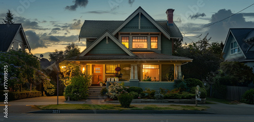 Evening's soft light fading over a sea green Craftsman style house, suburban street calming, families settling in, calm and peaceful atmosphere