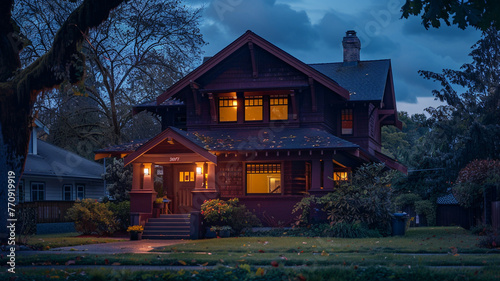 Nightfall in the suburbs, a rich maroon Craftsman style house stands out against the tranquil, dimmed surroundings, lit by soft ambient lights, silent and restful