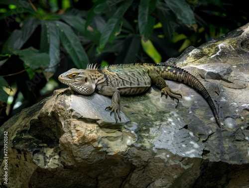 A lizard sitting on a rock in the jungle. Generative AI.