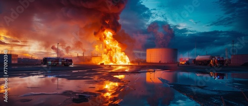 Dramatic fiery explosion at industrial plant with reflections at dusk.