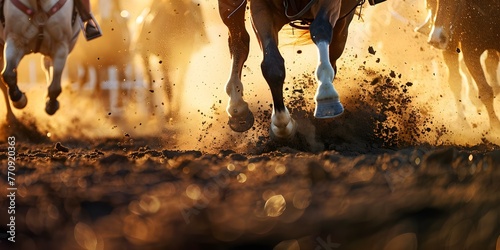 Horses kicking up dust in a rodeo arena during competition capturing the competitive spirit in action. Concept Rodeo Competition, Dusty Arena, Competitive Spirit, Action Shots, Horses,externally
