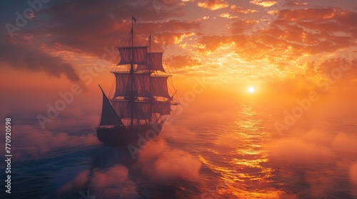 A large ship sails through the ocean on a cloudy day. The sky is orange and the sun is setting