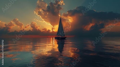 A sailboat is sailing on a calm ocean at sunset. The sky is filled with clouds, and the sun is setting, casting a warm glow on the water. The scene is serene and peaceful