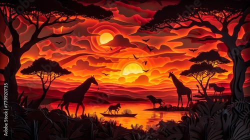 A painting of a sunset in Africa with giraffes and horses. The mood of the painting is peaceful and serene