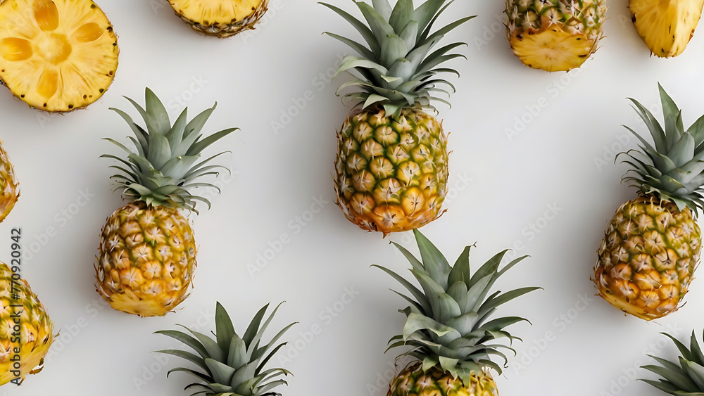 Pineapples with leaves pattern isolated on a white background, summer background, Top view and flat lay, Pineapples with leaves pattern isolated on a white background, summer background, Top view and flat lay,