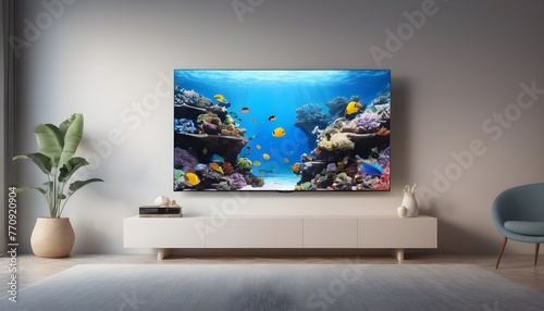 A transparent OLED TV screen suspended in mid-air  displaying a breathtaking underwater scene with colorful coral reefs and exotic fish.